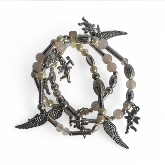 Silver Charm Bracelet with Beads and Cherubs - Picture 1 of 3